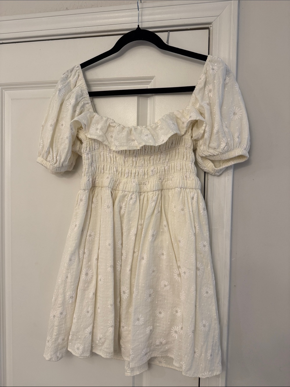 White Floral Eyelet Smocked Babydoll Dress